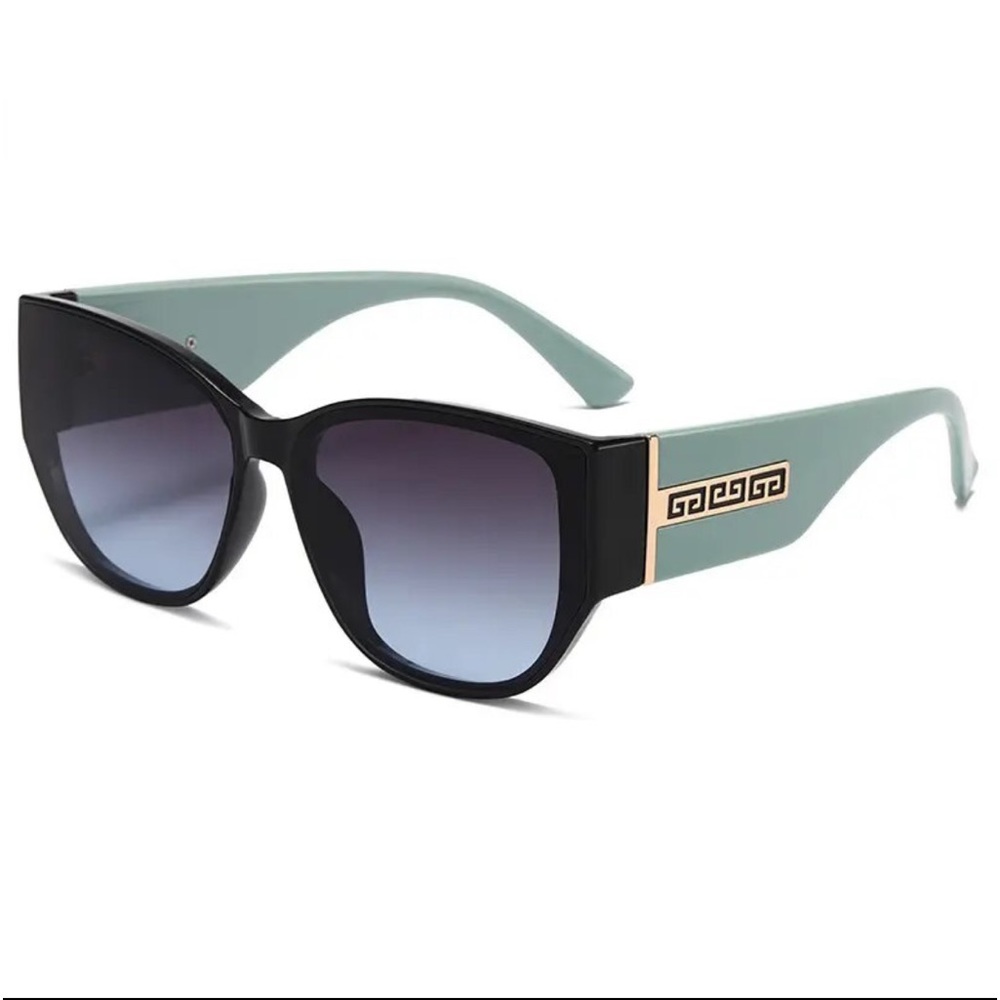 Black & Teal Cat Eye Sunglasses with Gold Geometric Arm Detail